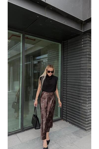 PATRONIZE CREATING YOUR STYLE Saten Uzun Leopar Desenli Etek