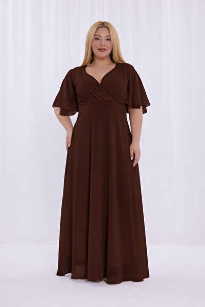 IŞILTI فستان سهرة نسائي أنيق من الشيفون البني المرن بأزرار على الجهتين بياقة ...