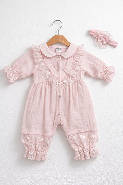Kardeşler Bebe Collared Lace Baby Girl Romper with Snap Fasteners and Headband