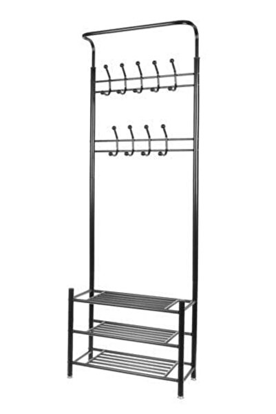 ISO TRADE Clothes Rack, 18 Hooks, with 3 Shelves for Shoes, 192 cm, Black