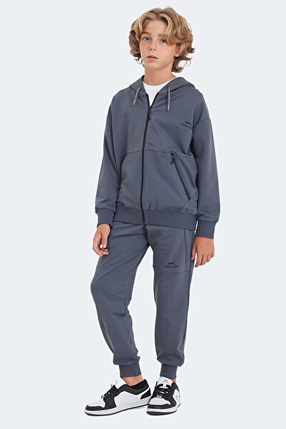 Slazenger Local in Unisex Kids' Zippered Hooded Pocket Dark Gray Tracksuit Set