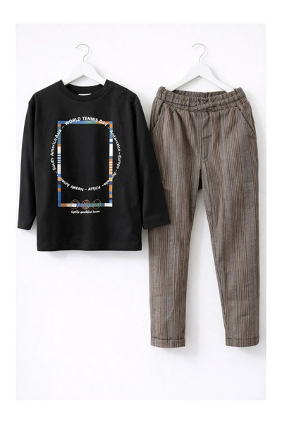 kidstalya طقم أطفال أولاد أسود مع بنطلون مخطط