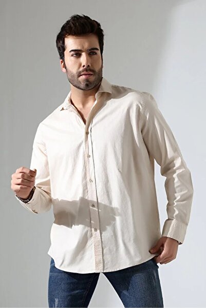 GÖMLEKÇİNİZ Men's Beige Oxford Fabric Long Sleeve Classic Shirt