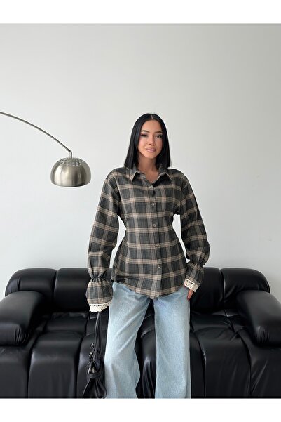 MODAMERSİ Women's Khaki Lace Detailed Tie-Back Shirt