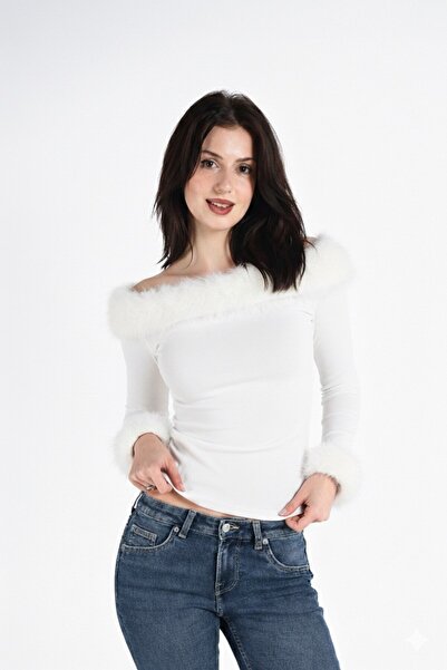 BALAMİR HOME Faux Fur Boat Neck Long Sleeve Diver Slim Fit Off Shoulder Blouse