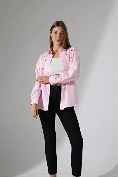 GÖMLEKÇİNİZ Poplin Fabric Oversized Heart Printed Women's Shirt