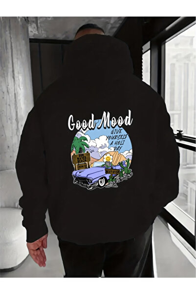 ALEYZA MODA Μαύρο βαμβακερό φούτερ με στάμπα και τσέπες με κουκούλα