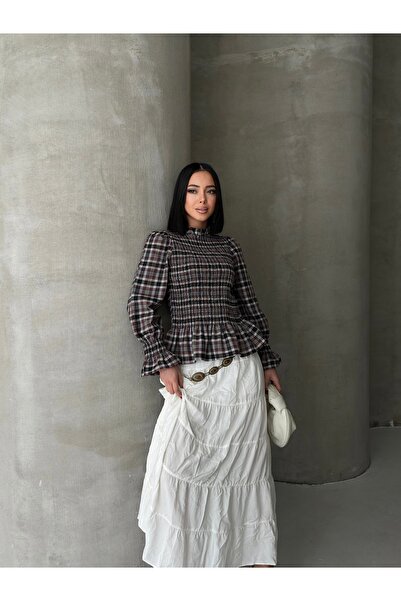 LE CARAMBOLE Women's Burgundy Plaid Patterned Gipeli Ruffle Detailed Blouse