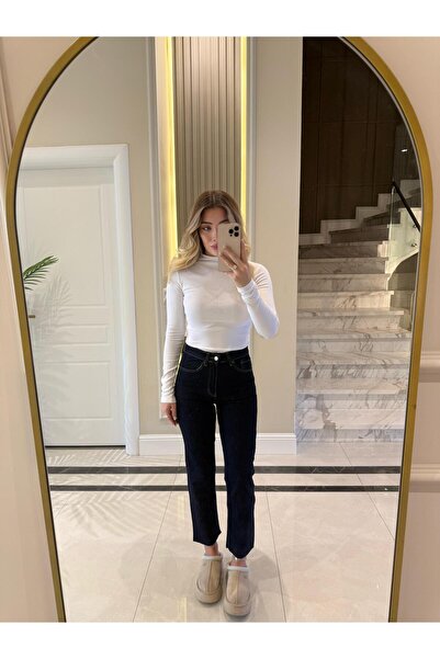 CKBUTİK Koyu Lacivert Kesik Paçalı Boy Fit Jean -2136