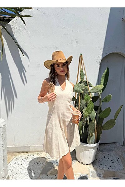 Bak'ap Premium 100% Cotton Backless Halter Neck Linen Mini Dress