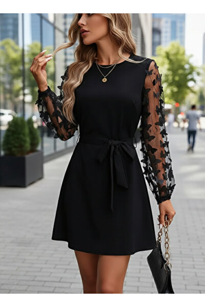 JANES Imported Crepe Dress with Butterfly Detail and Tulle Sleeves - Women's ...