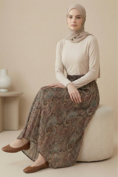 Kirazgym Women's Lined, No-Show Asymmetrical Cut Chiffon Skirt with Belt - Khaki