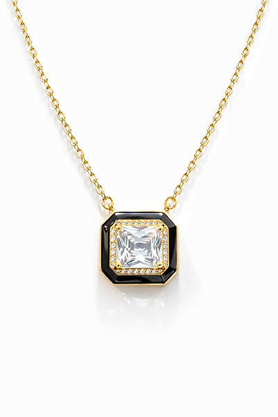 Sense of Atelier Noir Luxe Black Framed Baguette Stone Gold Color Necklace