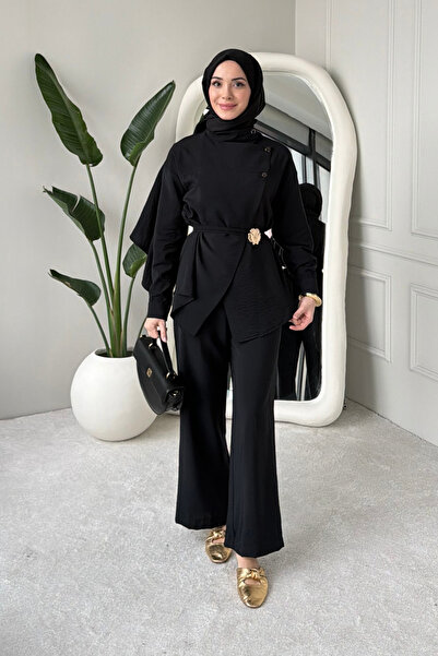 Tesettür Diyarı طقم حجاب جانيت بروشو كوبرا تانسيل مع حزام - أسود