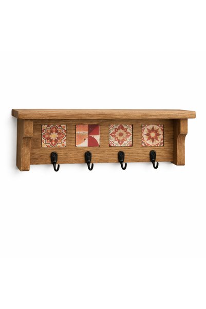 woodline Natural Stone Decorated Wooden Wall Organizer with 4 Hangers – Entryway Hallway Key Holder, Kitchen and Bathroom Wall Shelf