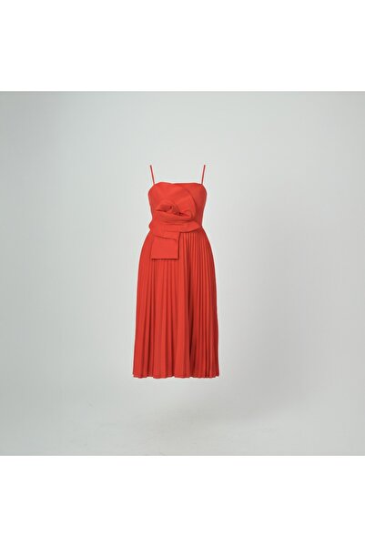 SERA Vibrant Red Pleated Midi Dress with Floral Bodice