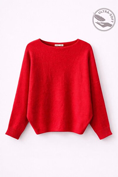 Mixray 7015 Women's Wool Blend Bat Sleeve Soft Texture Knitwear Sweater Red