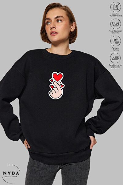 Nyda Collections سويت شيرت نسائي بأكمام طويلة وعلامة قلب B مطبوع بدون قلنسوة ...
