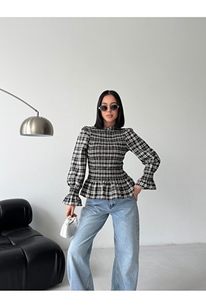 LE CARAMBOLE Women's Black Plaid Patterned Gipeli Ruffle Detailed Blouse