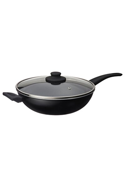 IKEA Wok HEMLAGAD cu capac, negru antiaderent, 28 cm