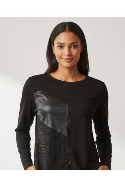 GÜL BUTİK Deri Detaylı Penye Bluz