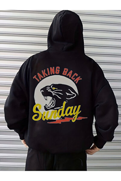 ALEYZA MODA Μαύρο βαμβακερό φούτερ με στάμπα και τσέπες με κουκούλα