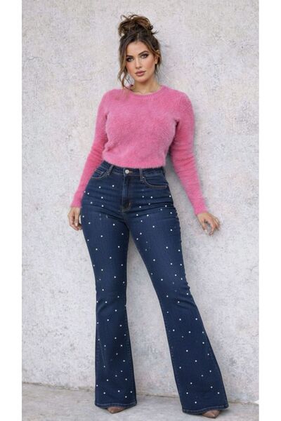 FİVA JEANS Special Design Pearl Detailed High Waist L Stretch Fabric Flexible...