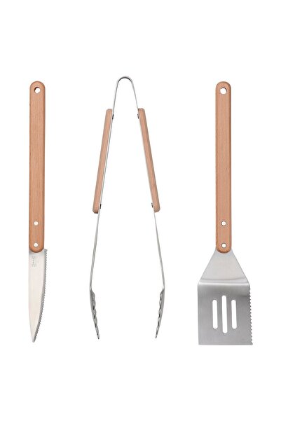 IKEA Set de ustensile pentru grătar GRILLTIDER, 3 piese, oțel inoxidabil/fag