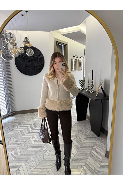 CKBUTİK Bej Kolları Kürklü Hırka-1104