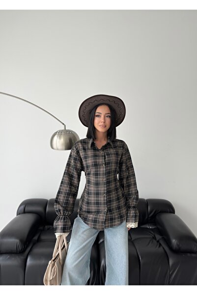 MODAMERSİ Women's Black Lace Detailed Tie-Back Shirt