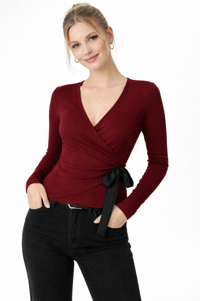 Sienza Women's Burgundy Front Gatherable Blouse Double-Breasted Ribbed Knit