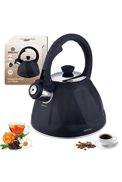 Kinghoff Традиционен чайник, свирещ чайник, вместимост 2 литра, матово черно,...