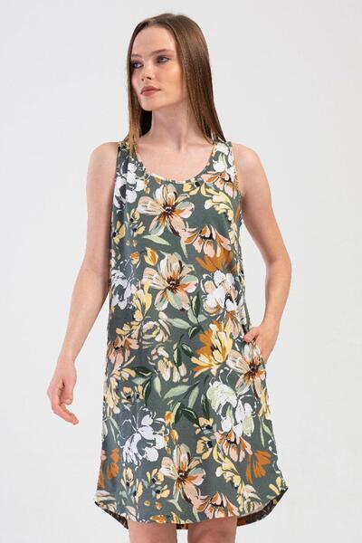 VİENETTA Women's Thick Strap Floral Patterned Green Nightgown Tunic C1T2N0804