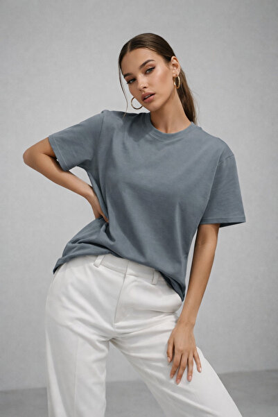 WILD BEE Women's Smoked Crew Neck Oversized Cotton T-Shirt