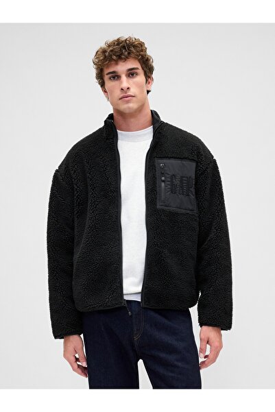 GAP Erkek Siyah Recycled Sherpa Oversized Logo Fermuarlı Sweatshirt