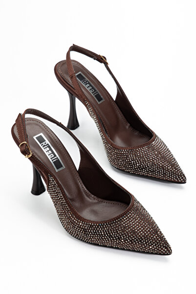 RİSSOLİ Women's Brown Stone Detailed Daily Comfortable Open Back Fabric Eveni...