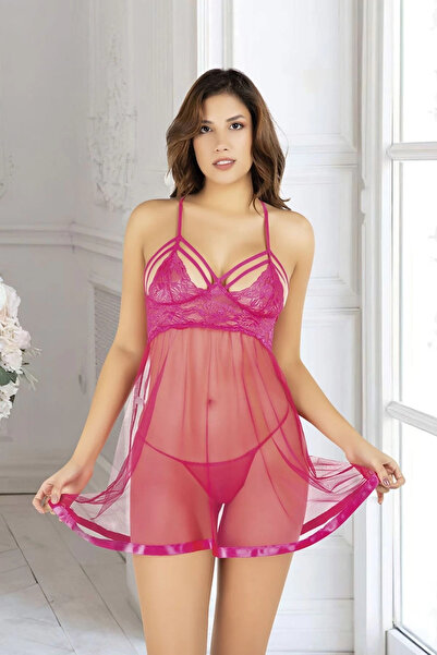 #FanteziGecelik Seksi Transparan Fantezi Şık Dantelli Tül Fuşya Pembe Gecelik Tanga