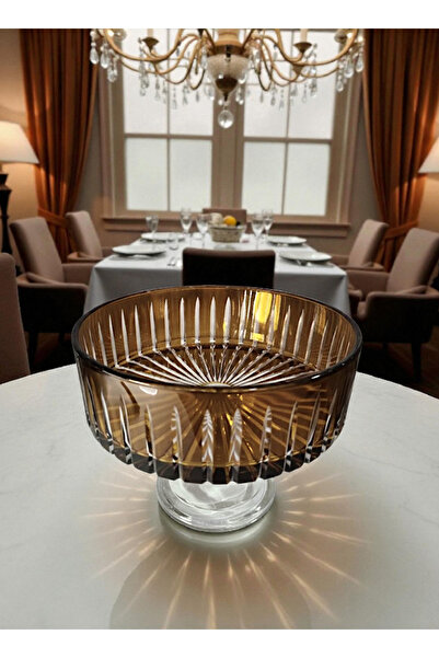 Glowvera وعاء زجاجي كريستالي مقطوع بقاعدة بلون العنبر مقاس 25 سم