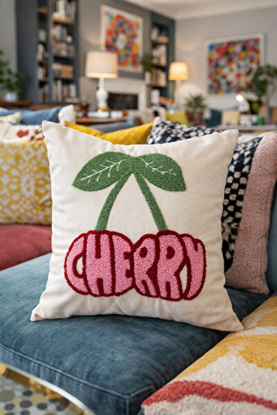 Pilloveland Punch Embroidered Throw Pillow Cover - 43*43 cm - Cherry - Pnk001