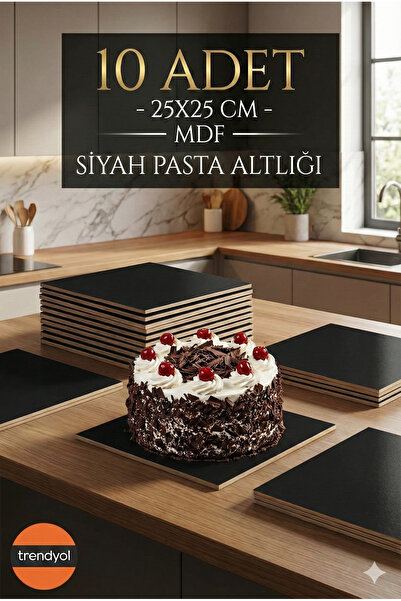 ay reklam 10 Adet Siyah MDF Pasta Altlığı 25x25 cm - Kenarları Doğal Ahşap Re...
