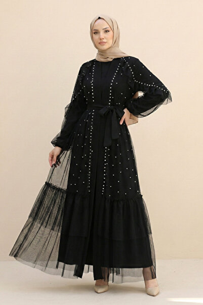 Kirazgym Дамски комплект скромна абая с камъни и перли, с колан и двойна тюл,...