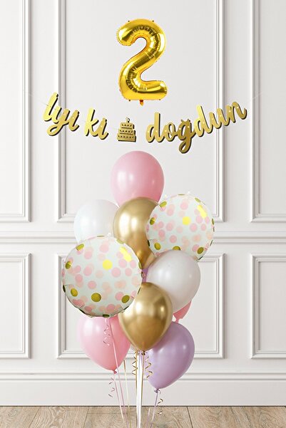 PEKSHOP Pink Gold 2 Year Old Girl Birthday Party Concept Balloon Banner Set