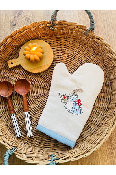 HOME OF BLOSSOM Embroidered Raw Linen Oven Gloves ~1 Piece
