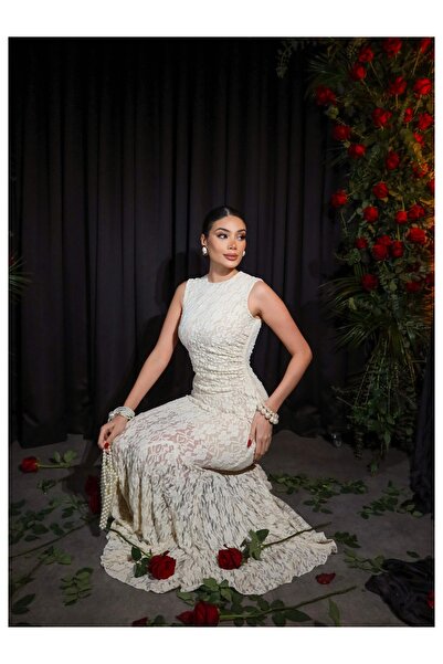 ESRAHELVACI Lace Zero-Sleeve Side Gathered Long Dress