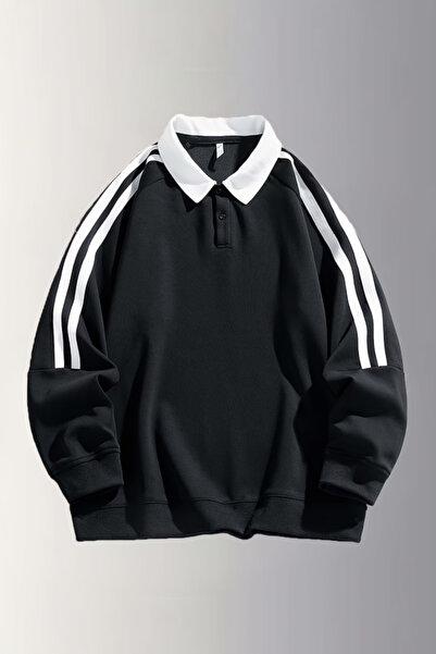 Tarz Cool Men's White Oversized Polo Neck Sweatshirt Striped Detail Long Slee...