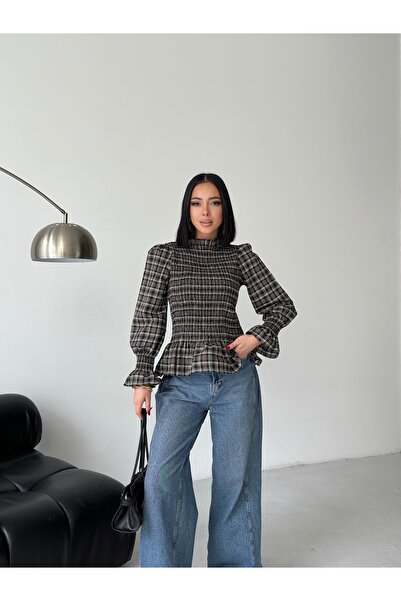 MODAMERSİ Women's Brown Plaid Patterned Gipeli Ruffle Detailed Blouse