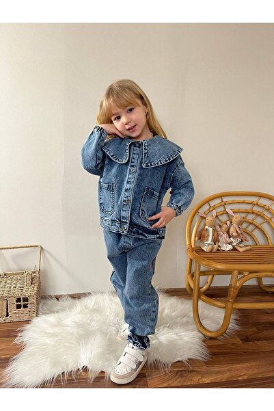 CARLA MARA Girl's Lapel Detailed Denim Jacket and Pants Set