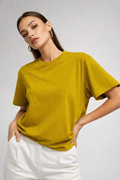 WILD BEE Kadın Hardal Bisiklet Yaka Oversize Pamuklu Tişört