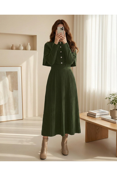 MİYALORA Fitilli Etekli, Lastikli Bel ve Pelerin Detaylı Uzun Triko Elbise