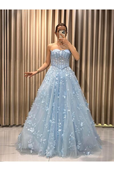 Kaleiçi Yıldızlar Bebe Mavi Üç Boyutlu Nişanlık Abiye Elbise |